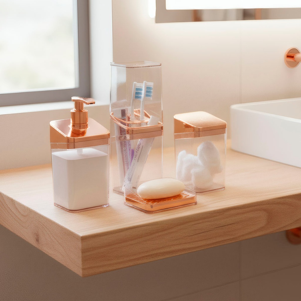 Kit Banheiro Luxo Lavabo Porta Sabonete Sabão Líquido Algodão Escova de Dentes Rose Gold — imagen 6