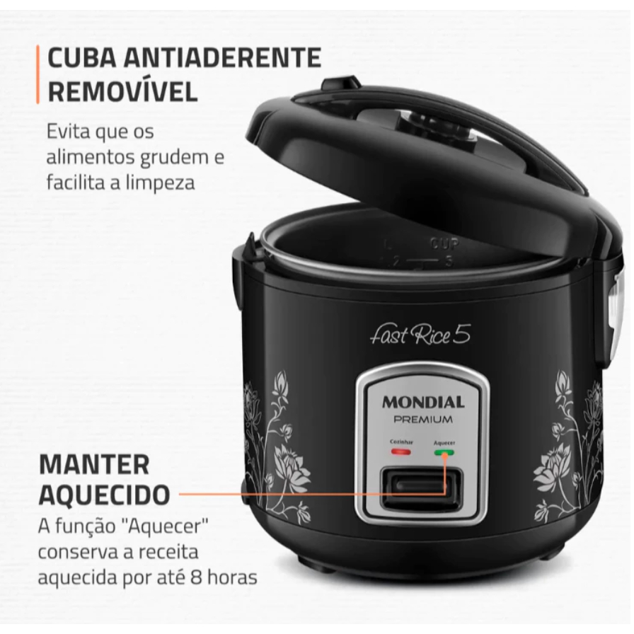 Panela de Arroz Elétrica Mondial 5 Xícaras NPE-08 127V ou 220V Antiaderente com Cozimento a Vapor Preta — imagen 3