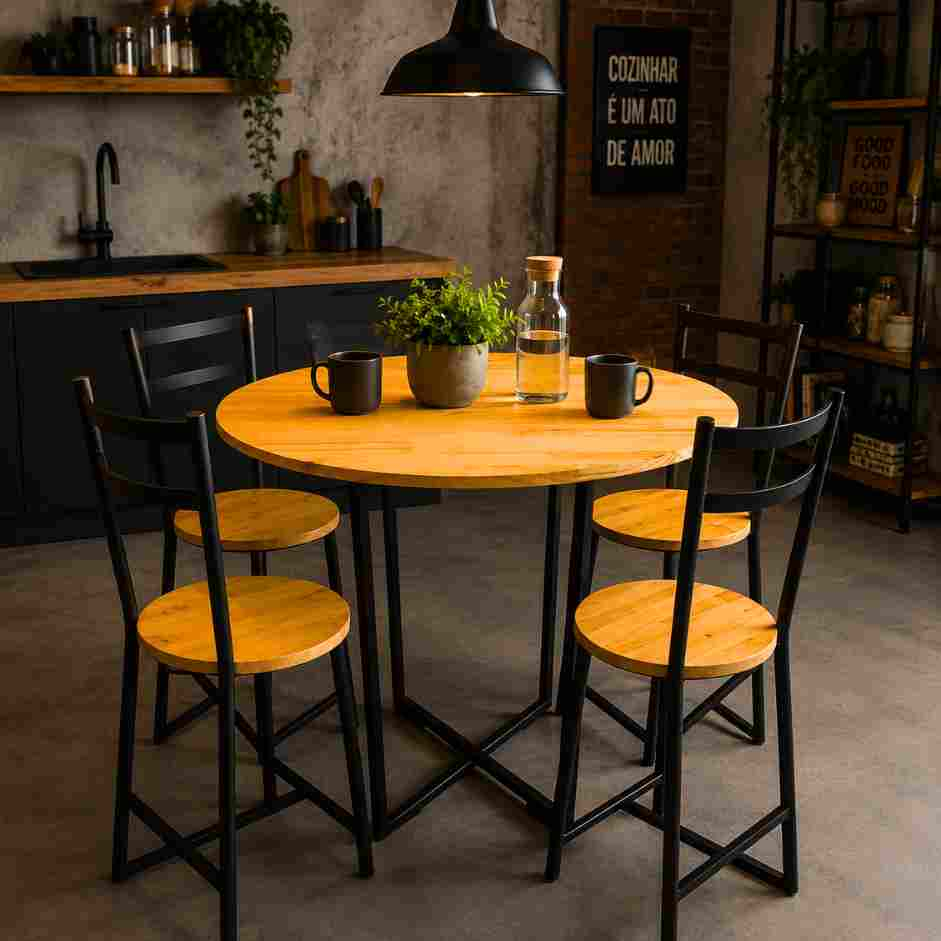 Mesa De Jantar Redonda Para 4 Lugares Cadeiras - Estilo Industrial De Ferro Com Tampo Maciça Pinus Lar Gourmet