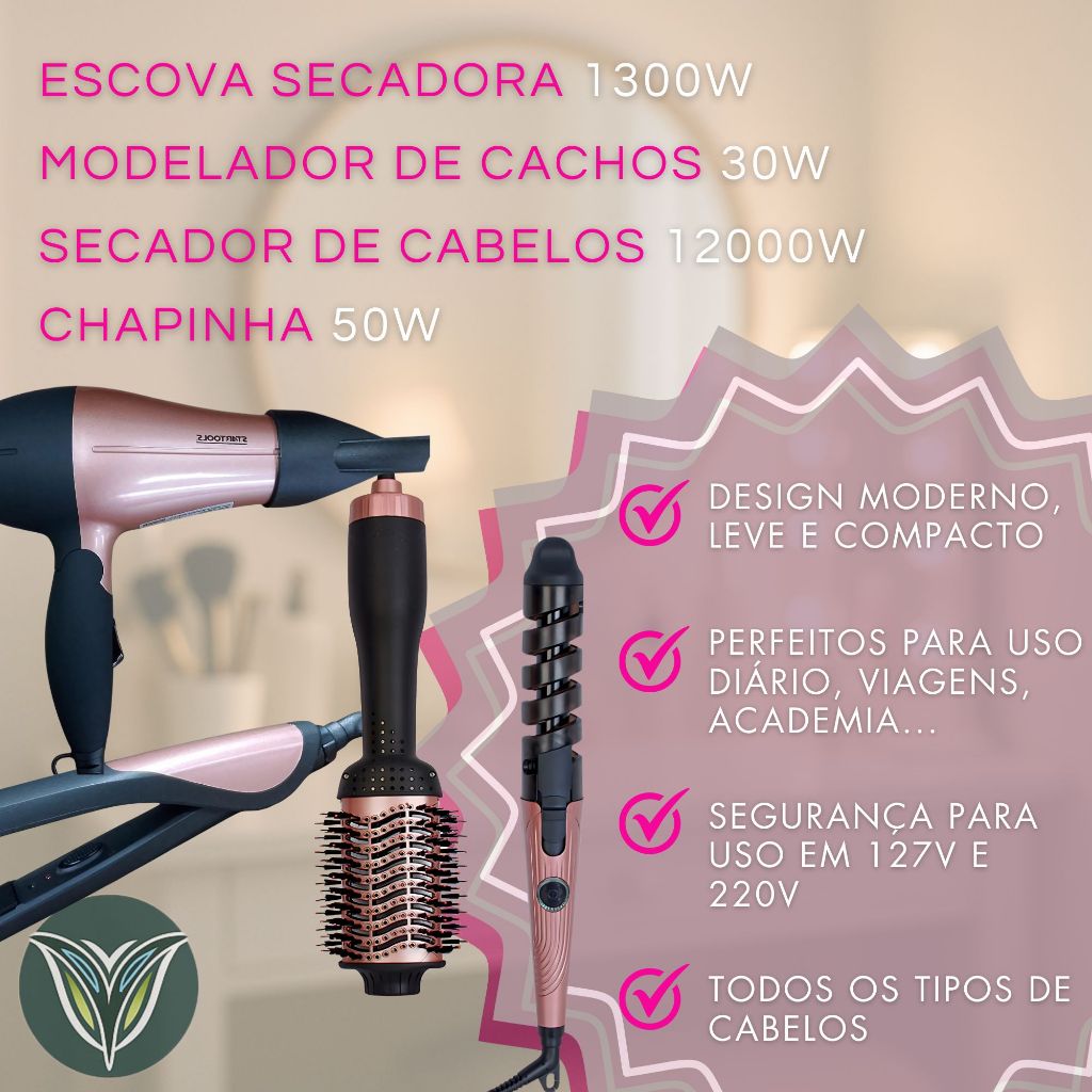 KIT 3 Escova Secadora + Secador de Cabelo Portátil + Modelador de Cachos + Chapinha Profissional Rosa Potente Qualidade — imagen 2