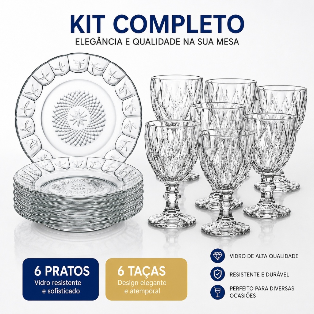 Kit 6 Copos ou Taça De Vidro + 6 Pratos Fundos Vidro Resistente Mesa Jogo Cozinha Refeição Decoração — imagen 2