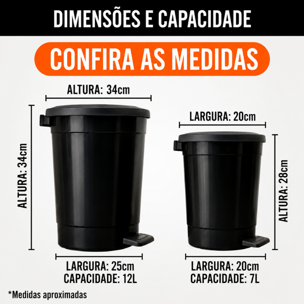 Kit 2 Lixeiras Redondas Com Pedal 7l Litros Preta Cozinha Banheiro Lavanderia Escritório — imagen 5