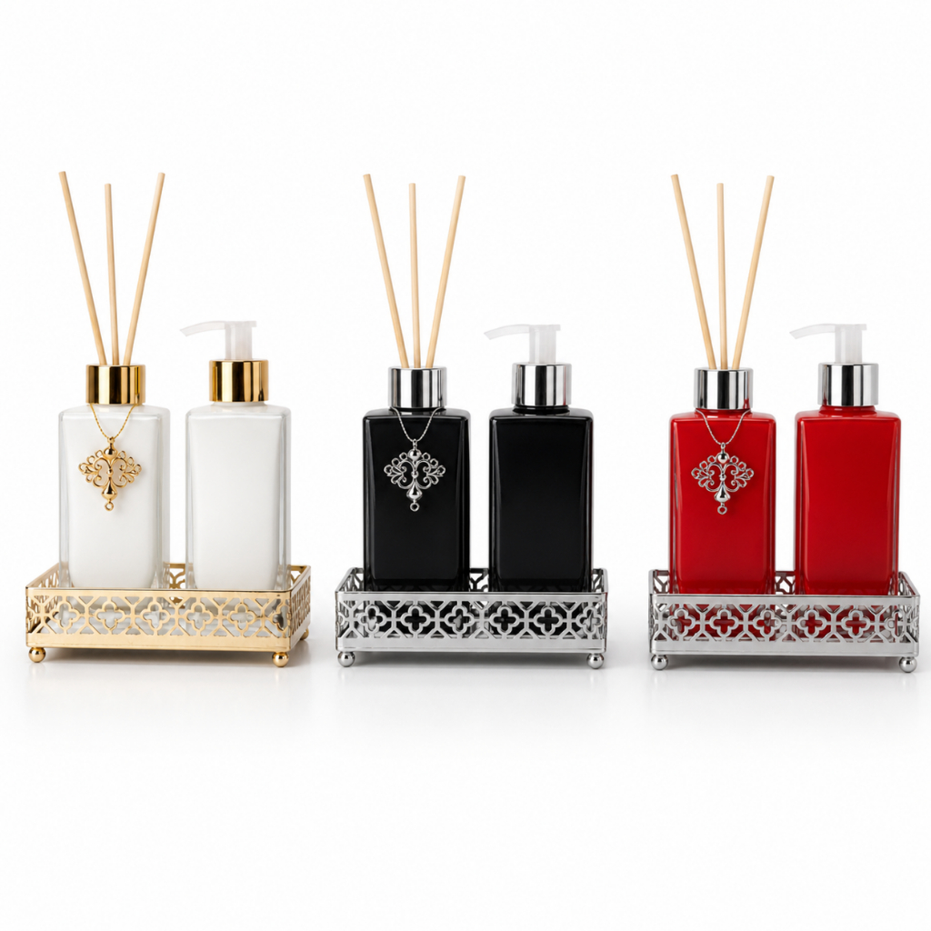 Kit Lavabo Luxo Banheiro Vidro Difusor + Saboneteira 150ml / 250ml com Bandeja de Metal — imagen 4