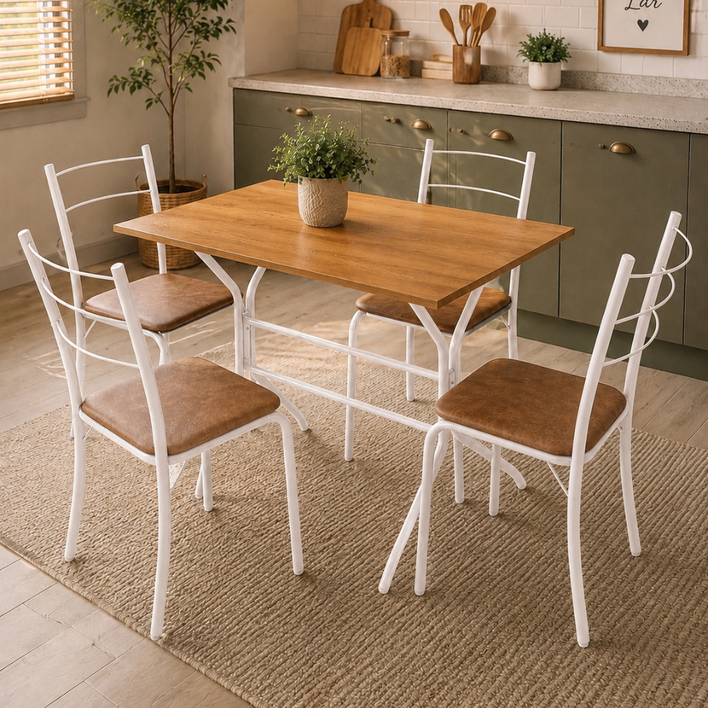 Conjunto Mesa com 4 Cadeiras 4 Lugares Cozinha Sala de Jantar MDF Aço Confortse