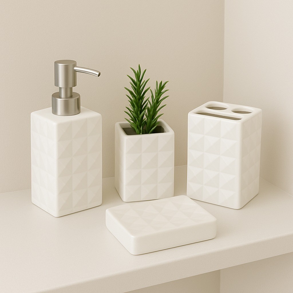 Kit Banheiro 4 Peças Saboneteira Ceramica Porta Sabonete Líquido Textura Diamante Porta Escova Dente — imagen 3