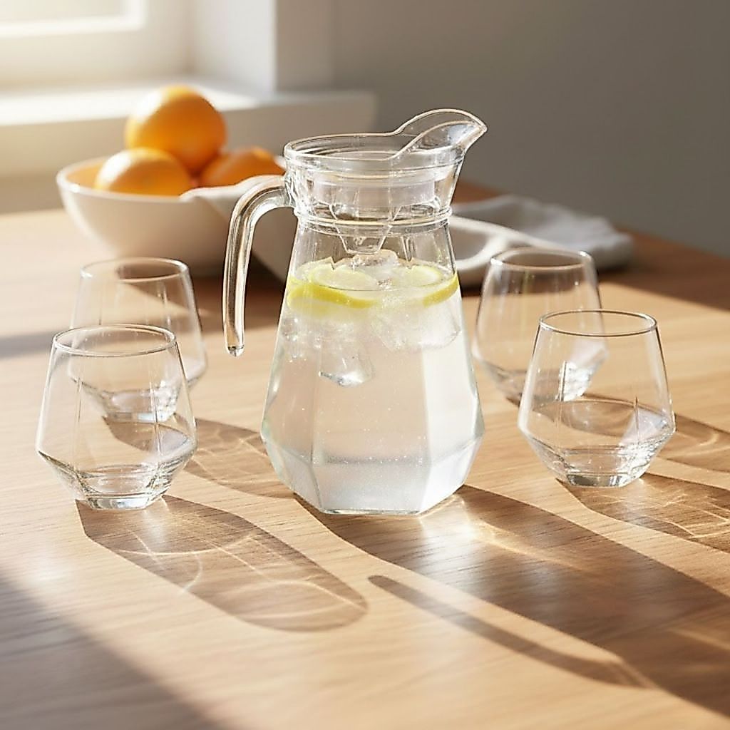 Jarra de Vidro com Tampa + 4 Copos Luxo Cozinha 1L e 260ML Agua Suco Mesa Posta Diamond Kit Conjunto — imagen 2