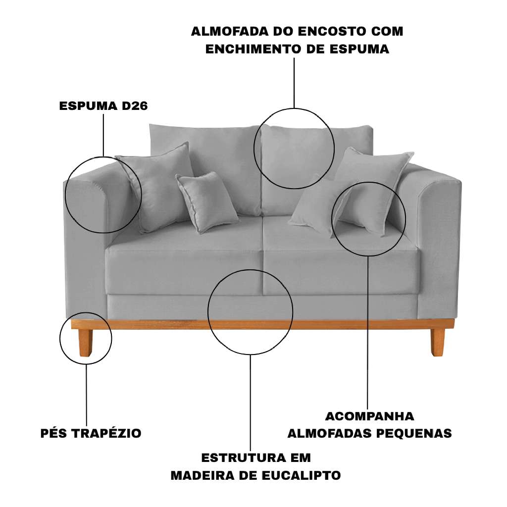 Sofá Sala de Estar 02 Lugares Beny Linho Cinza Madeira Estofados — imagen 7