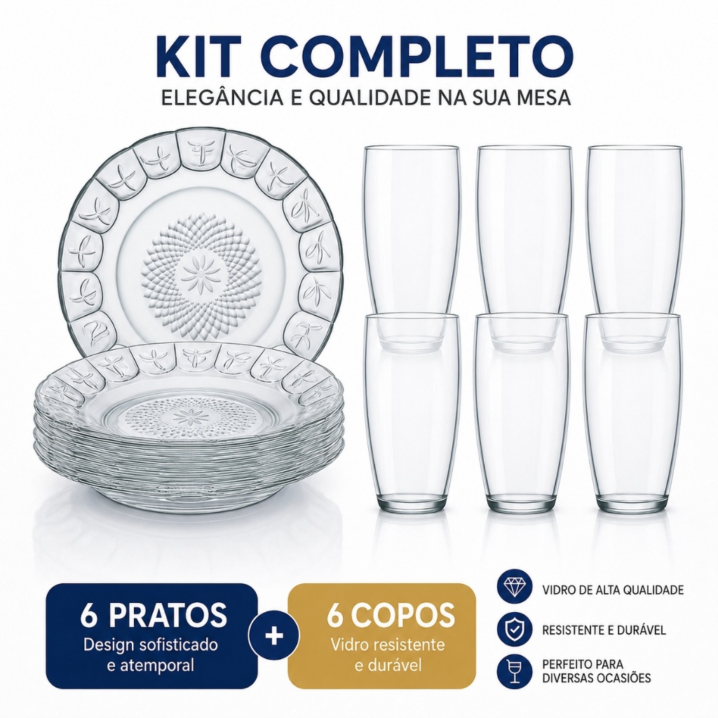 Kit 6 Copos ou Taça De Vidro + 6 Pratos Fundos Vidro Resistente Mesa Jogo Cozinha Refeição Decoração — imagen 3