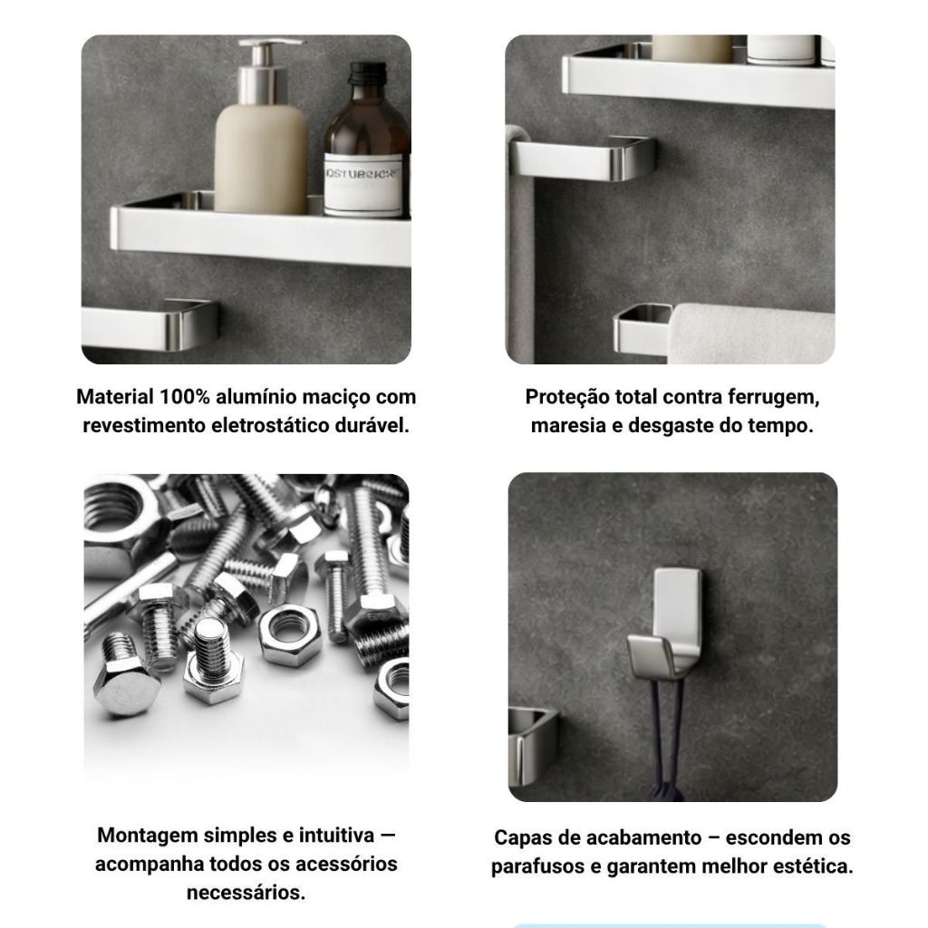 Kit Acessórios Para Banheiro Lavabo 6 Peças Toalheiro Inox Premium Suporte Parede Luxo Preto Cromado — imagen 4