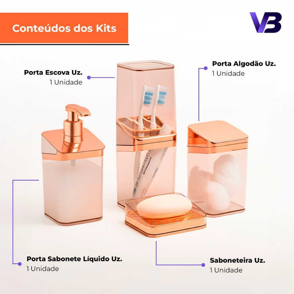 Kit Banheiro Luxo Lavabo Porta Sabonete Sabão Líquido Algodão Escova de Dentes Rose Gold — imagen 3