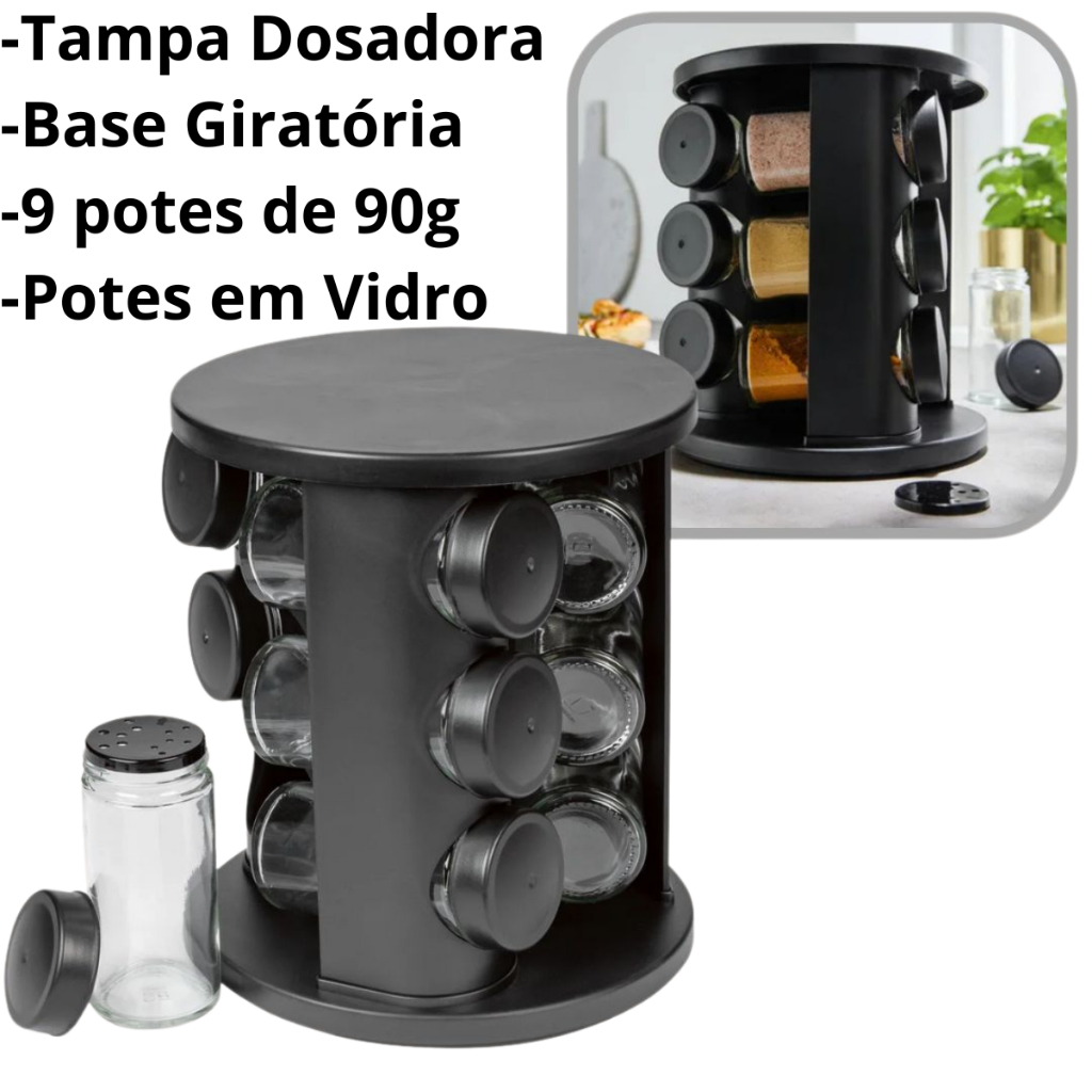 Porta Temperos Condimentos Giratório 6 e 9 Potes Vidro 90G com Tampa Dosadora + Etiquetas Adesivas — imagen 2