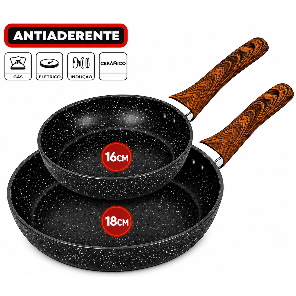 2/1 Frigideira 16 e 18cm Granito Antiaderente Indução de Alumínio Revestimento Cerâmico Premium Cabo Madeira