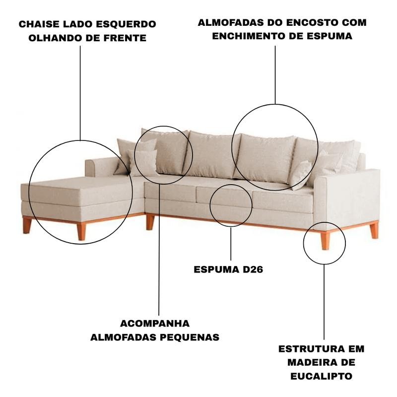 Sofá 4 Lugares Beny com Chaise Esquerdo Linho Bege — imagen 3