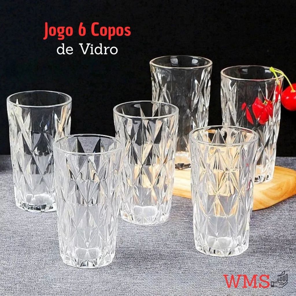 Jogo 6 Copos Diamante Vidro 220ml Cristal Elegante Relevo Geométrico Drinks
