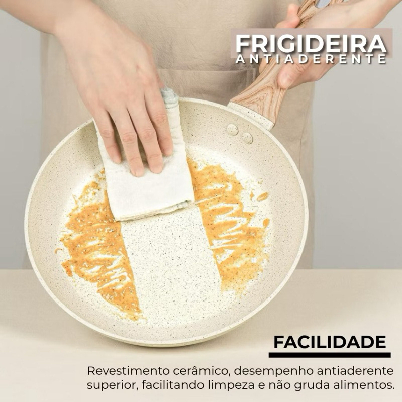 Frigideira Antiaderente Não Usa Óleo Cerâmica Vanilla Cream Grafite Fundo Triplo Premium Indução — imagen 7