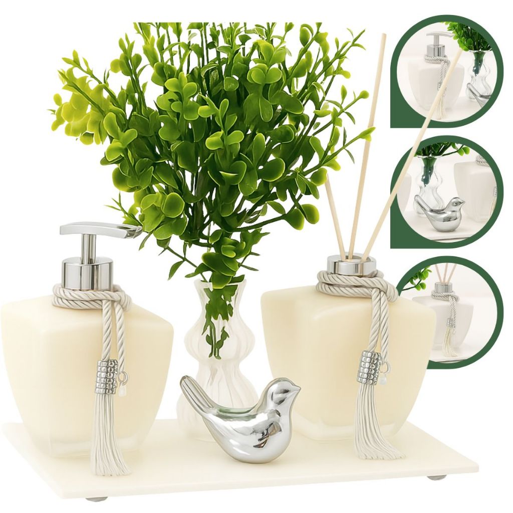Kit Banheiro Vidro Estrela Degrade Branco Porta Sabonete Liquido e Difusor C/ Bandeja Luxo — imagen 3