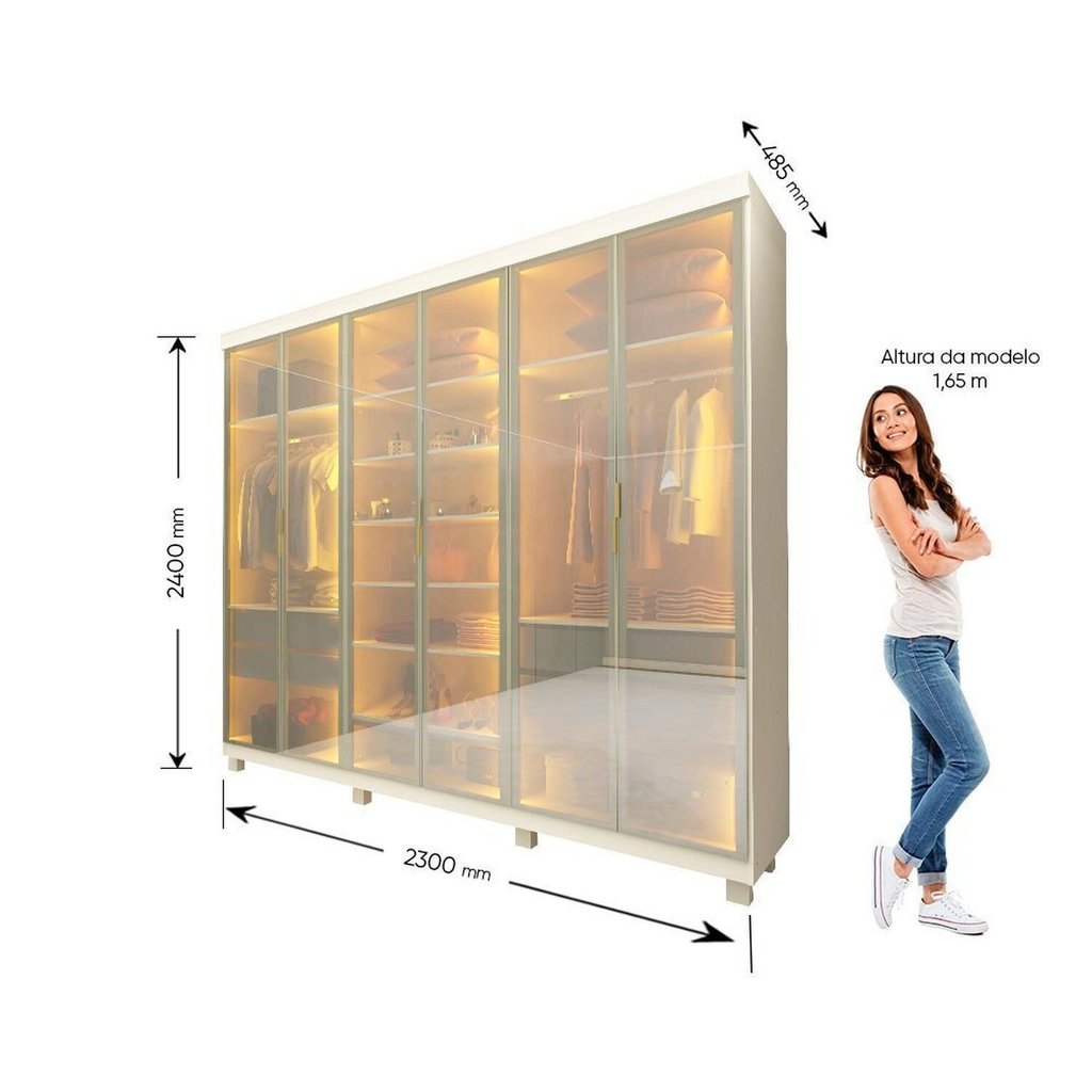 Guarda-Roupa Casal 6 Portas, com 6 Portas Reflecta com Pés com LED Imperatriz 100% MDF Yescasa Off White Off White — imagen 5