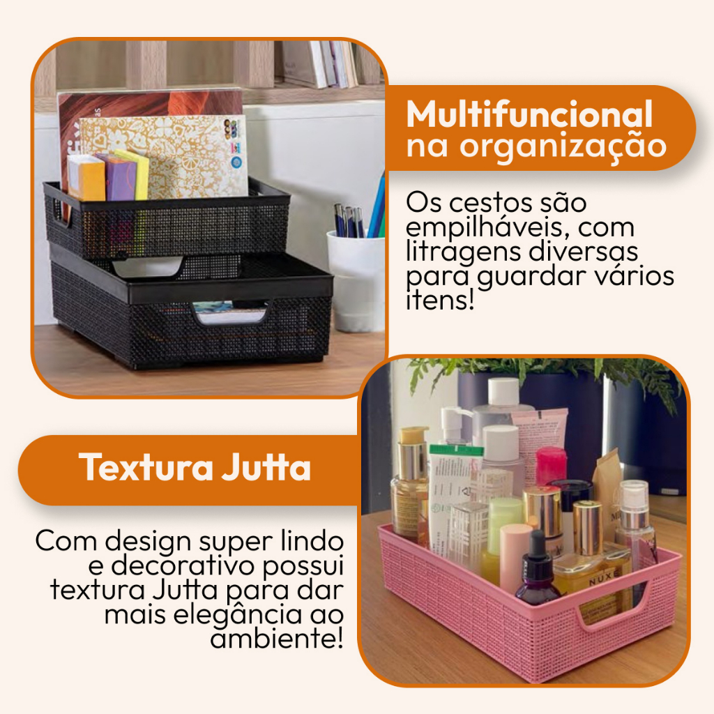Kit 4 Cestos Organizador Grande em Plástico Empilhável Cozinha Banheiro Escritório 2 L 2 L 5,2 L — imagen 2