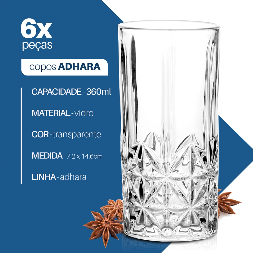 Jogo 6 Copos de Vidro Adhara 360ml – Design em Relevo Estilo Cristal — imagen 3