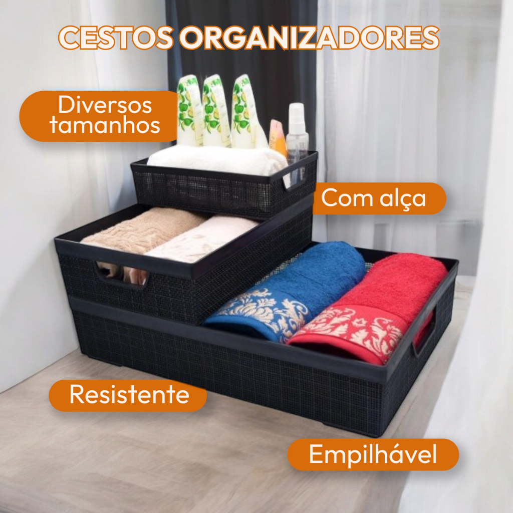 Kit 4 Cestos Organizador Grande em Plástico Empilhável Cozinha Banheiro Escritório 2 L 2 L 5,2 L — imagen 4