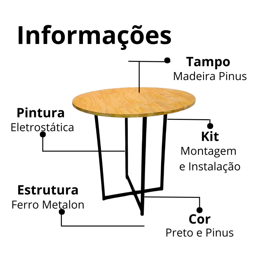Mesa De Jantar Redonda Para 4 Lugares Cadeiras - Estilo Industrial De Ferro Com Tampo Maciça Pinus Lar Gourmet — imagen 5