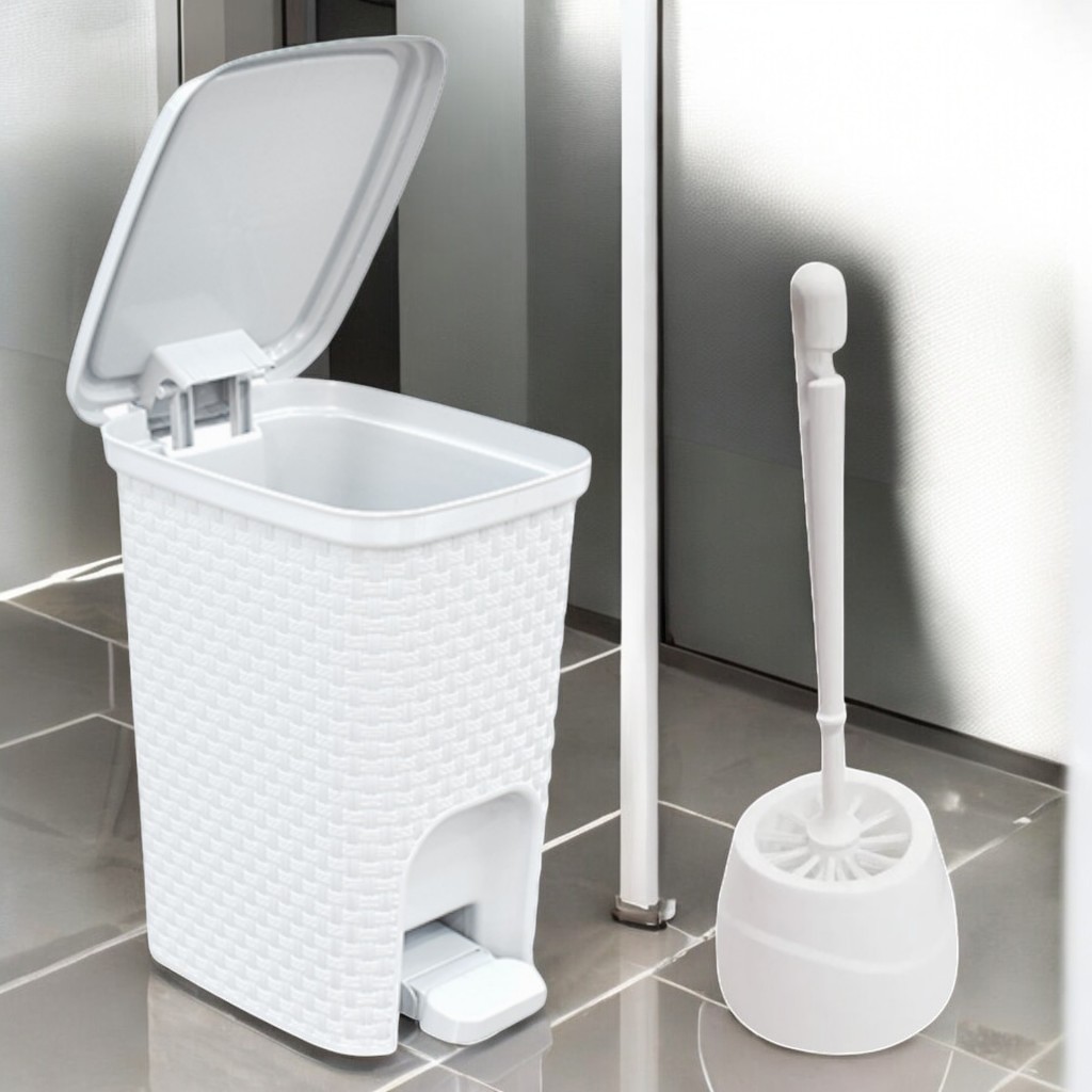 Conjunto Lixeira Branca 7 litros + Escova Sanitária Reforçada Casa Banheiro Limpeza Kit Preto