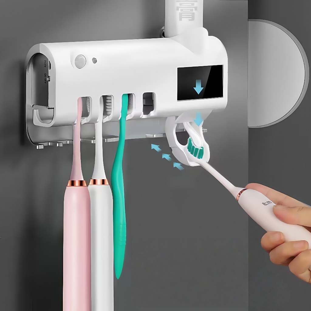 Porta Escova de Dentes UV com Dispenser de Pasta Dental Suporte Banheiro Sem Furar — imagen 3