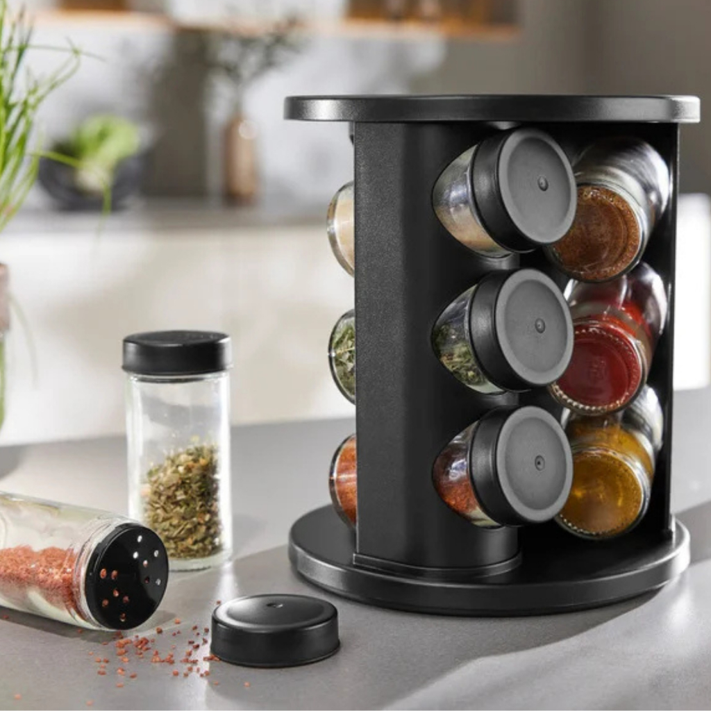 Porta Temperos Condimentos Giratório 6 e 9 Potes Vidro 90G com Tampa Dosadora + Etiquetas Adesivas — imagen 4