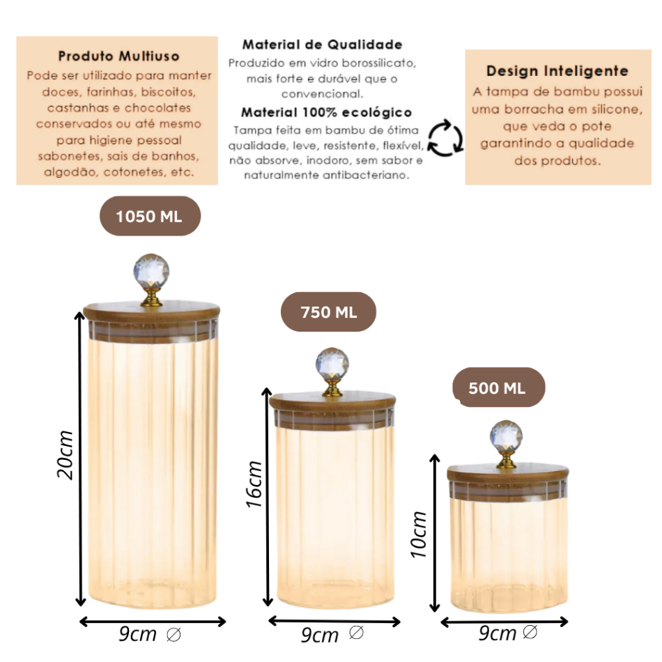 Conjunto Potes de Vidro com Tampa Bambu Cristal Porta Mantimentos Cozinha 3 Peças — imagen 2