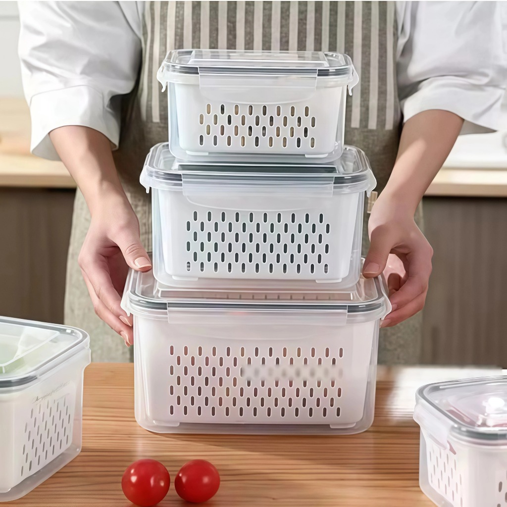 Kit 3 Potes Organizadores Geladeira Para Alimentos Vegetais Fruta Cozinha Moderna Uso Microonda — imagen 2