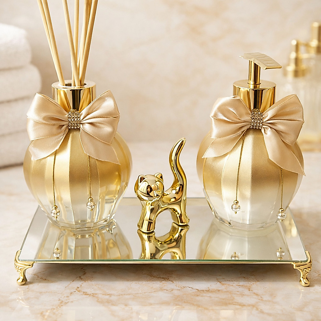 Kit Lavabo Banheiro Luxo em Vidro Lampe 300ml - Saboneteira + Difusor + Enfeite + Bandeja — imagen 2