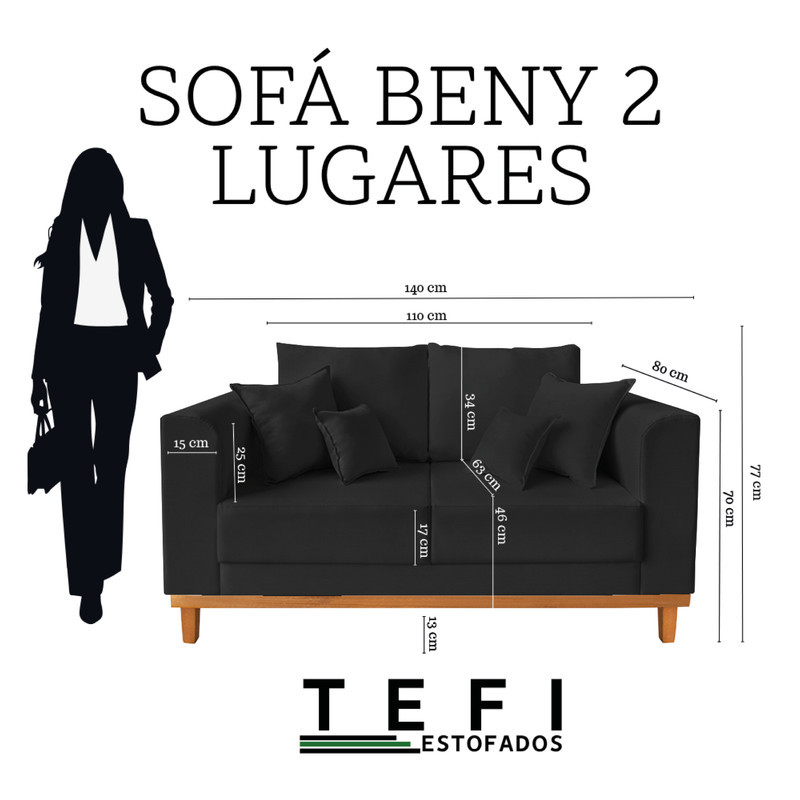 Sofá 02 Lugares Beny Sala de Estar Recepção Clínica Linho Preto — imagen 8
