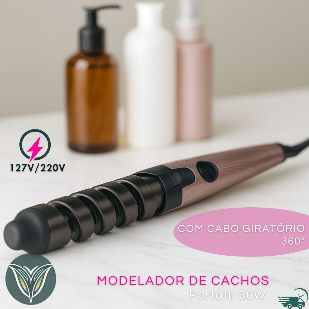 KIT 3 Escova Secadora + Secador de Cabelo Portátil + Modelador de Cachos + Chapinha Profissional Rosa Potente Qualidade — imagen 4
