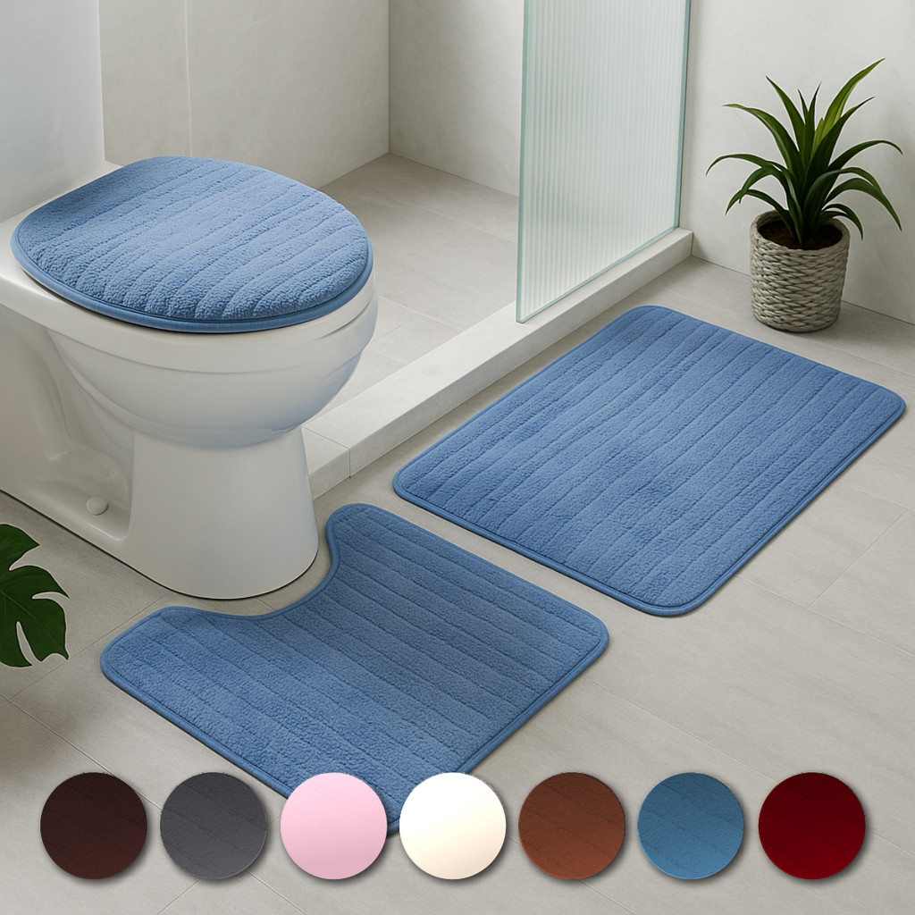 Kit Jogo 3 Peças Tapete Banheiro Premium Estampas Toque Macio Peluciado Antiderrapante Várias Cores — imagen 3