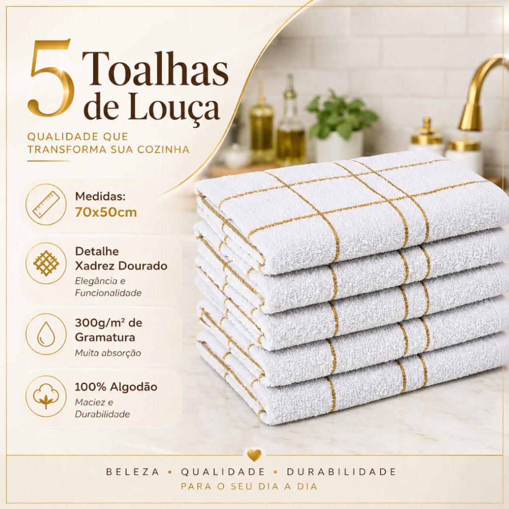 5 Pano Prato Cozinha Xadrez Branco c/ Dourado Grande Algodão Macio Laune Haus — imagen 2