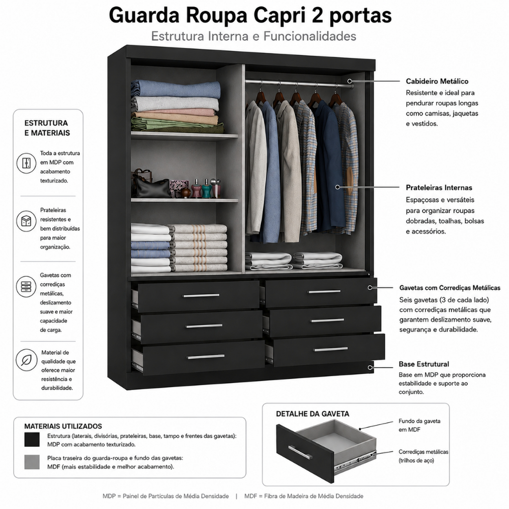 Guarda Roupa Solteiro Capri 2 Portas 6 Gavetas Com Espelho — imagen 5