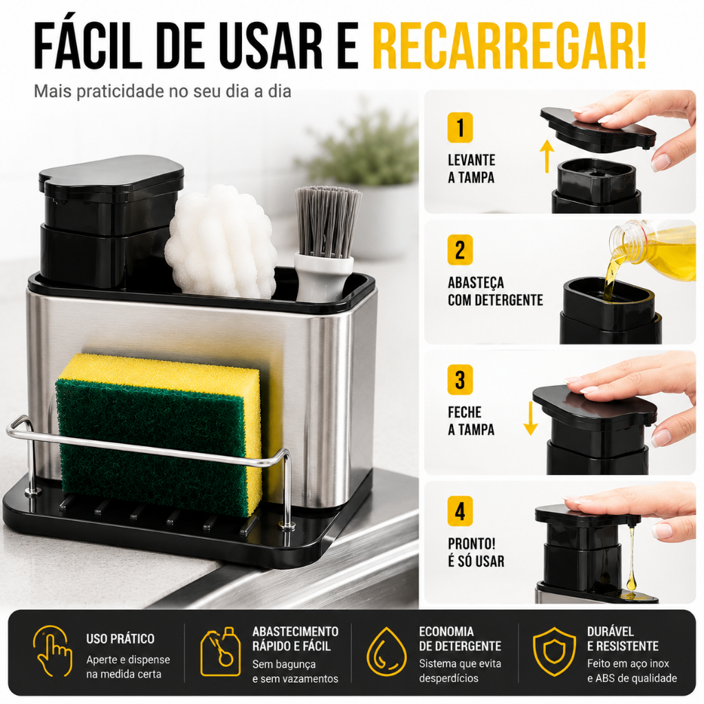 Organizador de Pia 3 em 1 em Aço Inox com Dispensador de Detergente e Suporte para Esponja — imagen 5