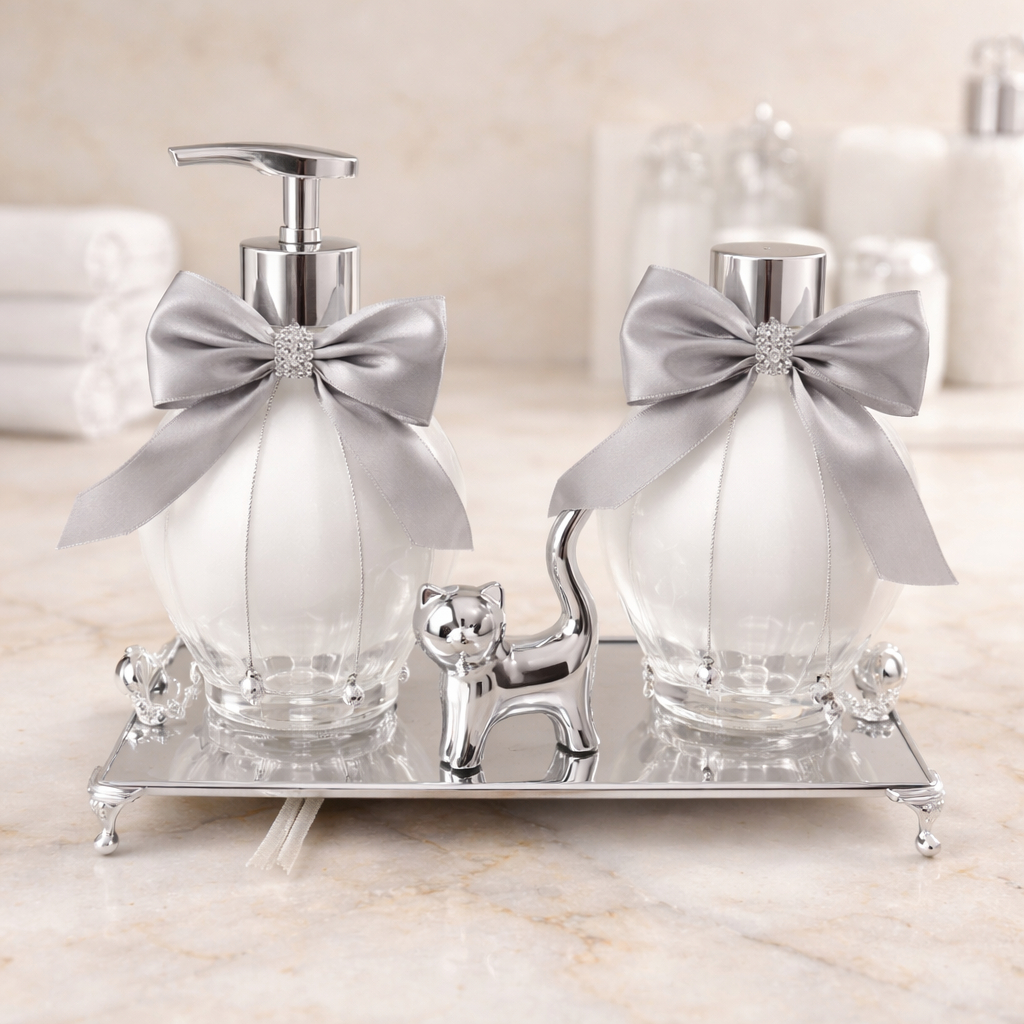 Kit Lavabo Banheiro Luxo em Vidro Lampe 300ml - Saboneteira + Difusor + Enfeite + Bandeja — imagen 3