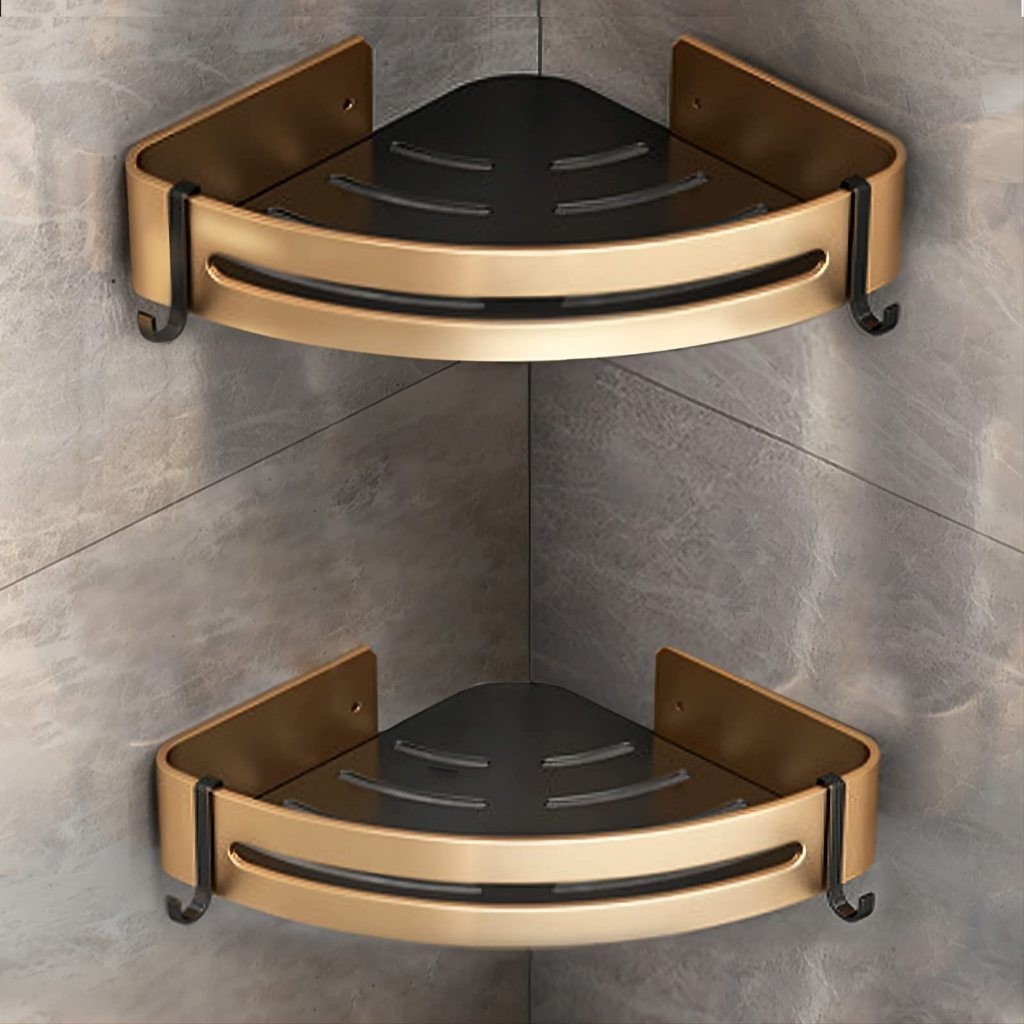 Kit 2 Acessórios para banheiro, rack de armazenamento de banheiro em alumínio preto com dourado — imagen 2
