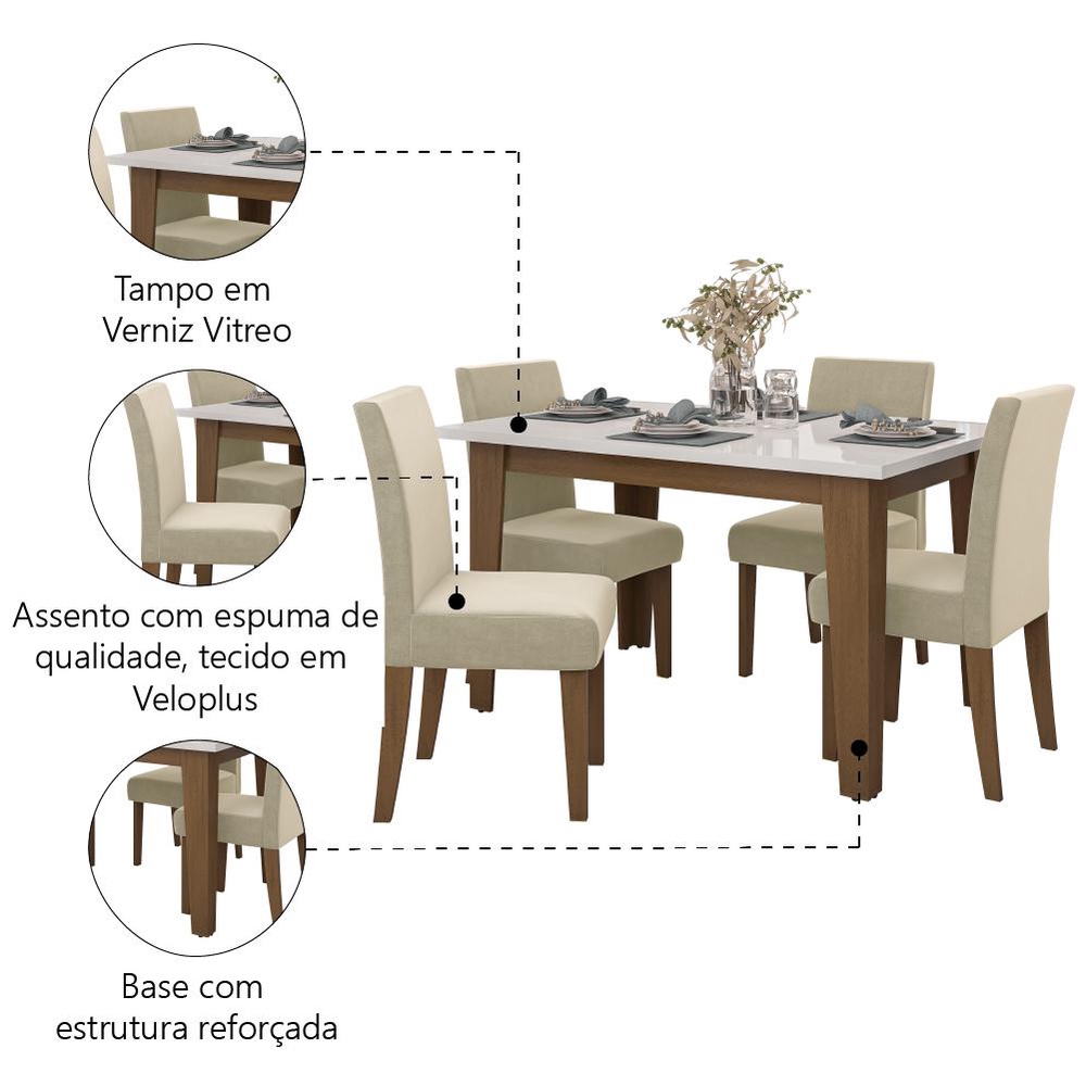 Conjunto de Mesa Sala de Jantar Miami com 4 Cadeiras Trieste Suede 1,20m Cedro / Off White / Areia D — imagen 5