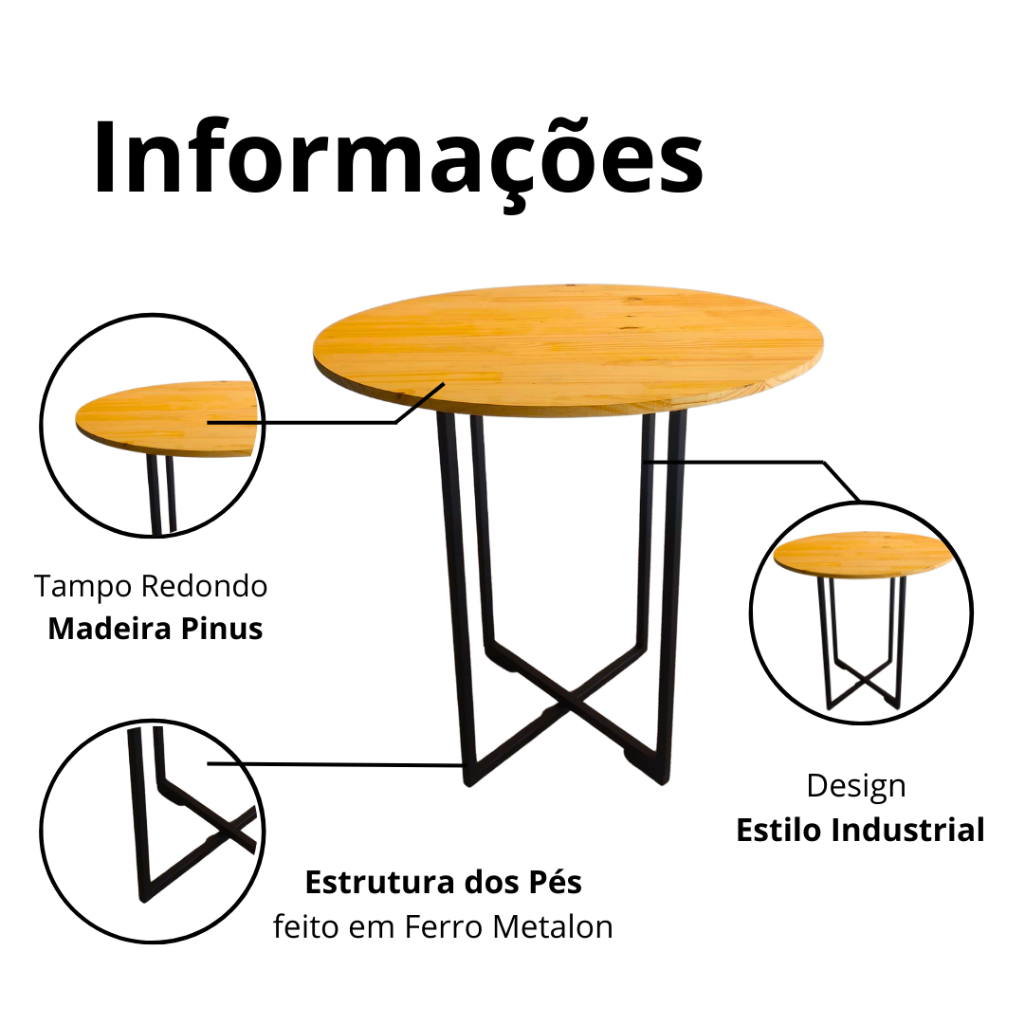 Mesa De Jantar Redonda Para 4 Lugares Cadeiras - Estilo Industrial De Ferro Com Tampo Maciça Pinus Lar Gourmet — imagen 4