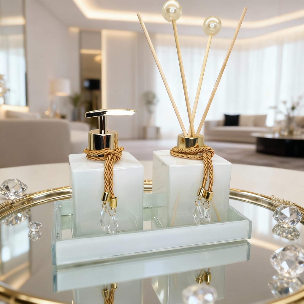 Kit Lavabo Luxo Vidro Decorativo Aromatizador Saboneteira Bandeja Cristal Elegante Banheiro Chique — imagen 3