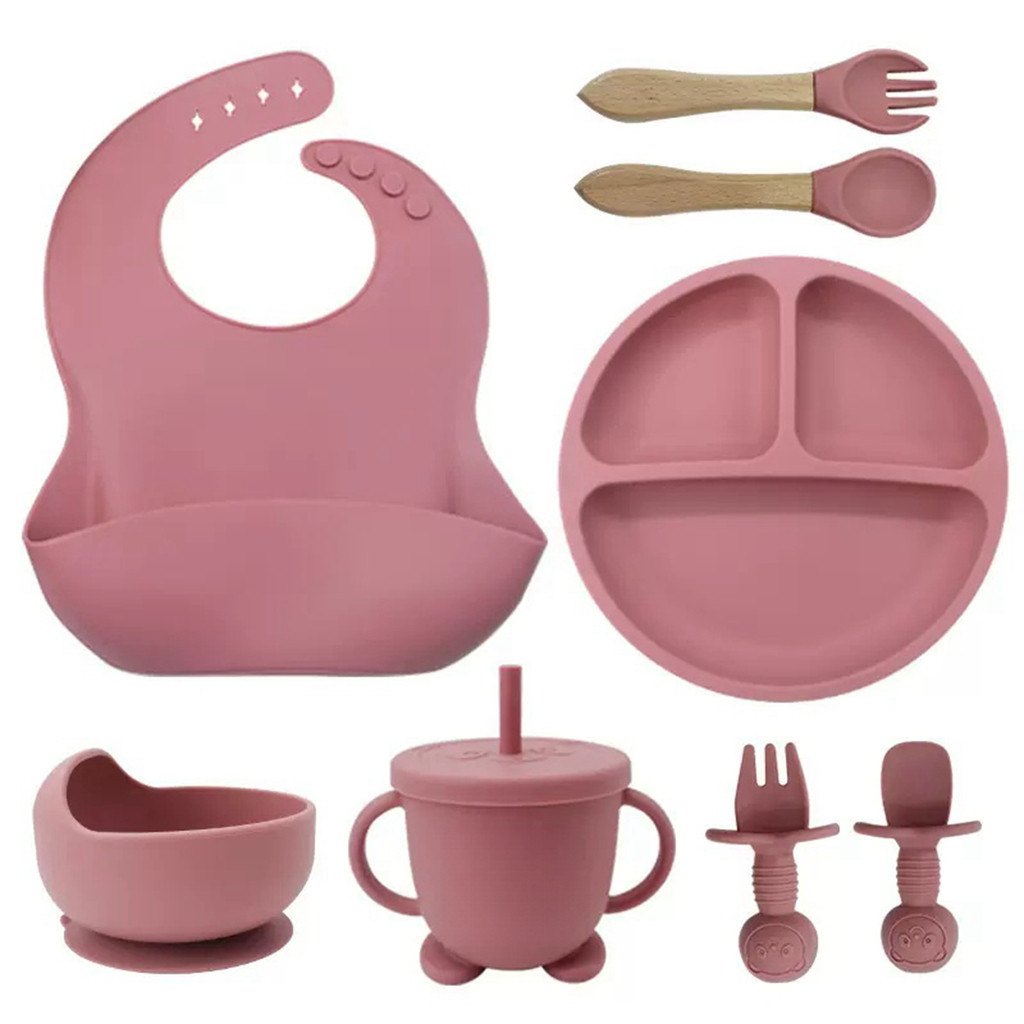 Kit Talheres bebê silicone 4/6/8 Peças Talheres Infantil Com Ventosa Canudo Colher Babador Garfo — imagen 2