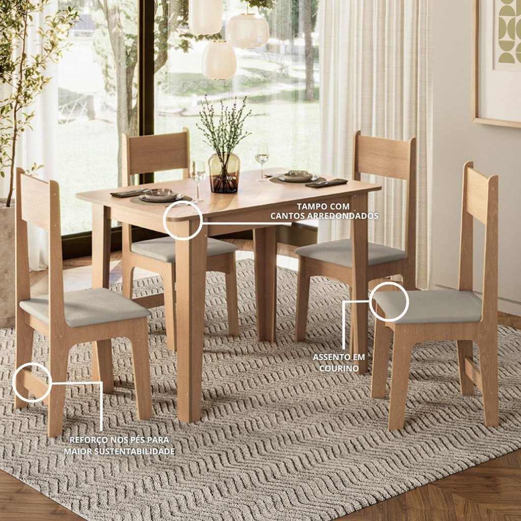 Conjunto de Jantar 4 Lugares com Mesa Retangular Tampo Mdf 1,10m e 4 Cadeiras Delta Nicoli Mel/Bege — imagen 8