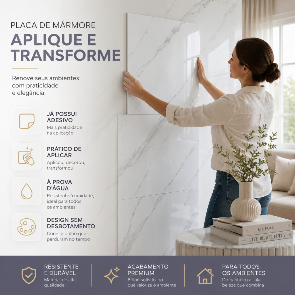 Kit 10 ou 20 Adesivos de Parede 60x30 Revestimento em Mármore 3D Placas Banheiro Cozinha Lavabo Cerâ — imagen 5