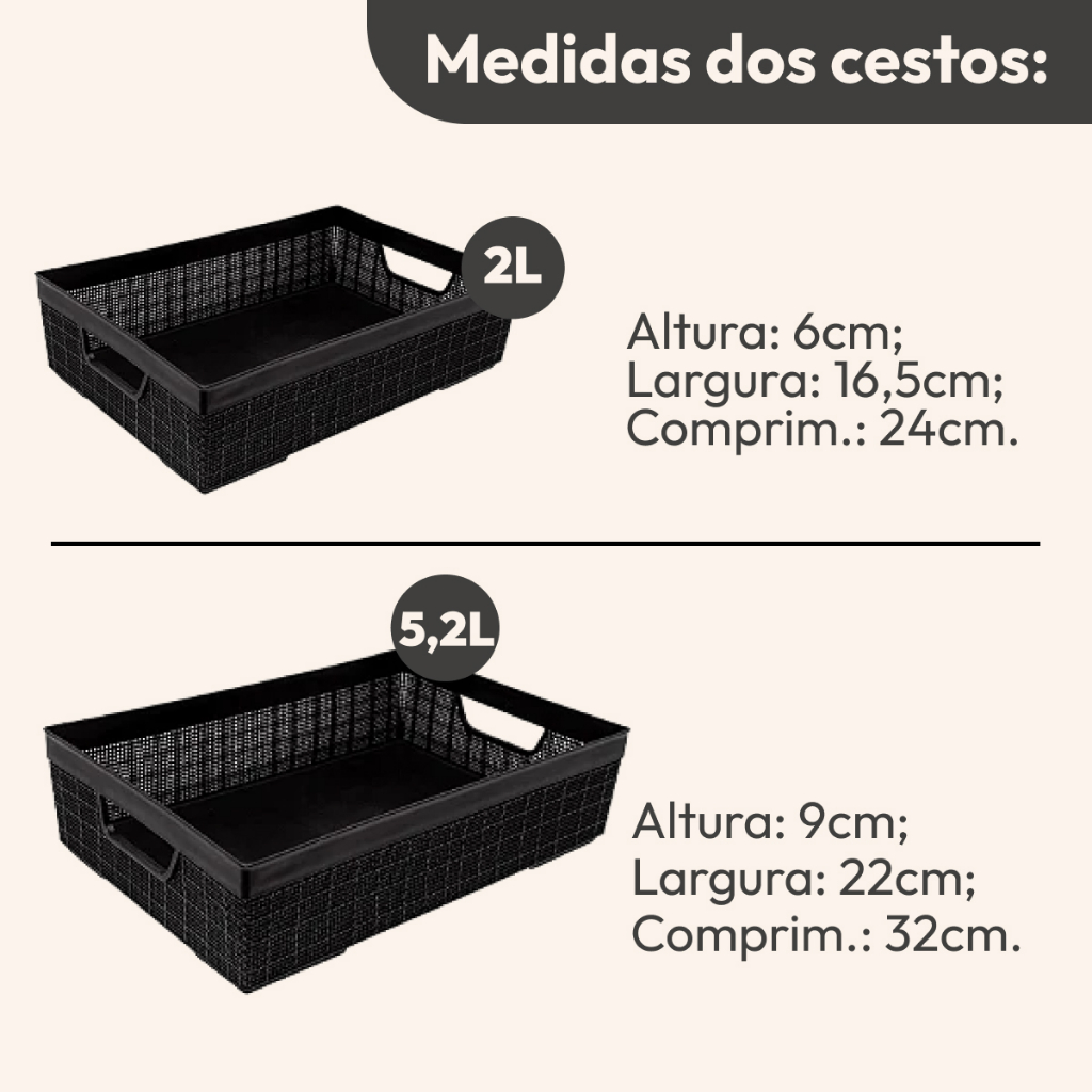 Kit 4 Cestos Organizador Grande em Plástico Empilhável Cozinha Banheiro Escritório 2 L 2 L 5,2 L — imagen 5