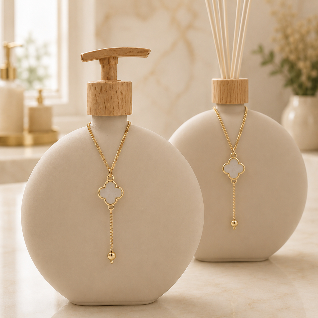 Kit Lavabo Banheiro Luxo em Vidro Luna Bege 500ml - Saboneteira e Aromatizador — imagen 2