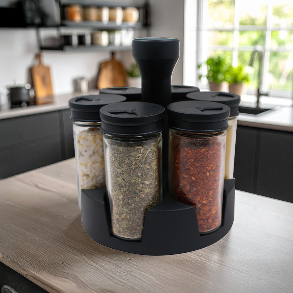 Porta Temperos Condimentos Giratório 6 e 9 Potes Vidro 90G com Tampa Dosadora + Etiquetas Adesivas — imagen 3