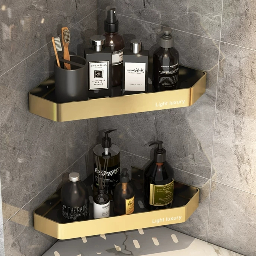 Kit 2 Acessórios para banheiro, rack de armazenamento de banheiro em alumínio preto com dourado — imagen 5