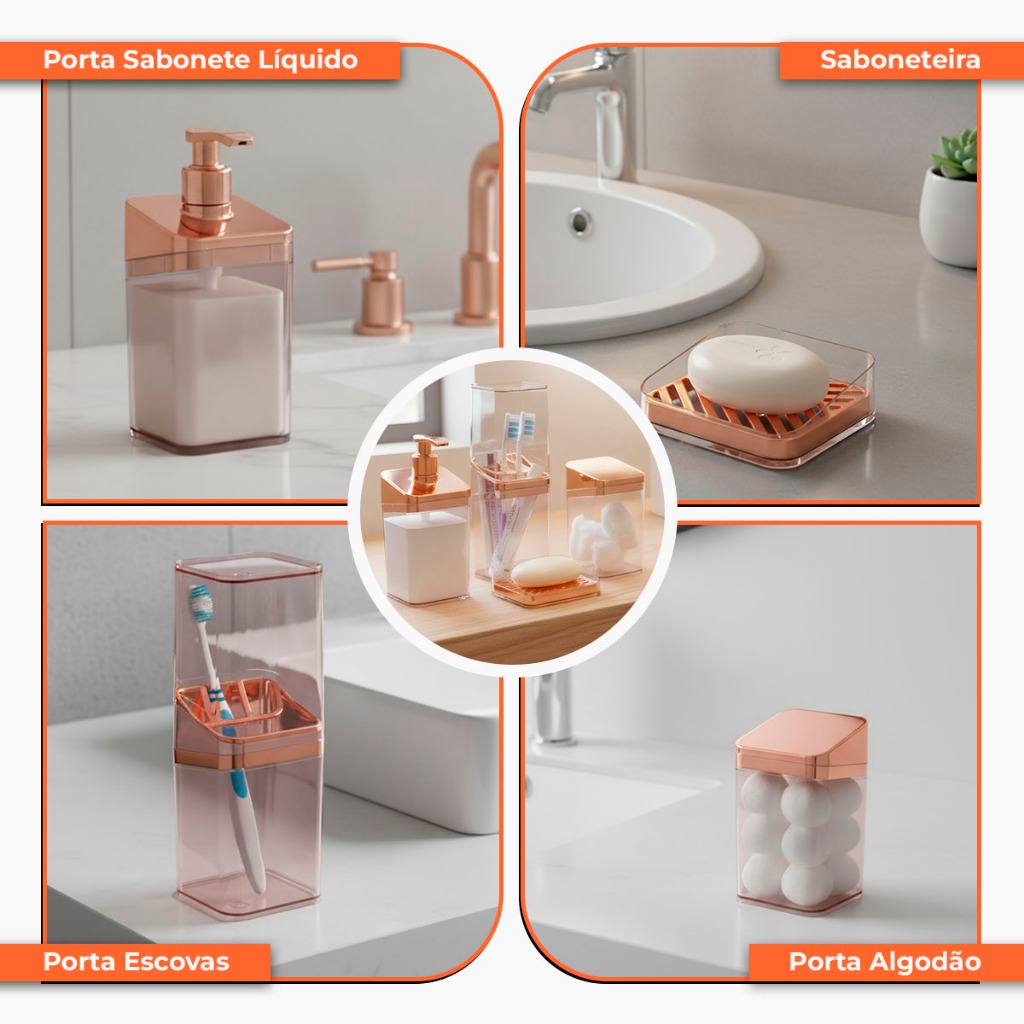 Kit Banheiro Luxo Lavabo Porta Sabonete Sabão Líquido Algodão Escova de Dentes Rose Gold — imagen 5